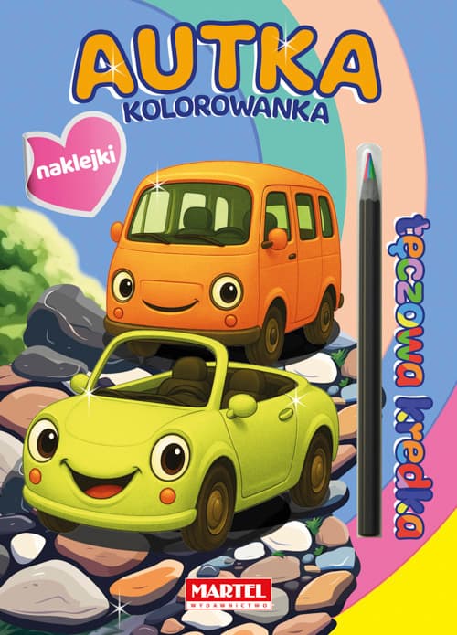 Autka z naklejkami. Kolorowanka z naklejkami. Tęczowa kredka