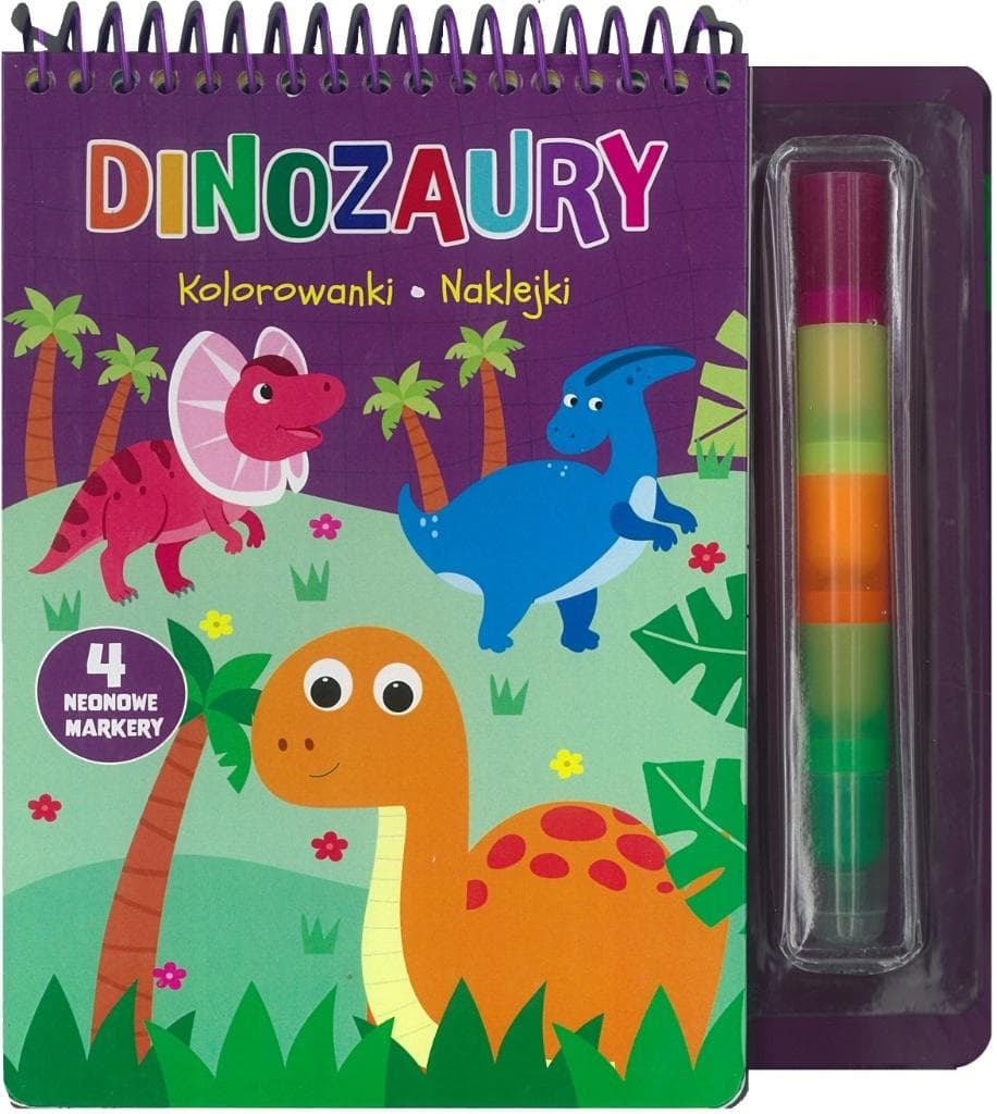 Dinozaury Kolorowanki naklejki 4 neonowe markery