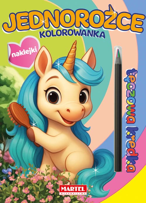 Jednorożce z naklejkami. Kolorowanka z naklejkami. Tęczowa kredka
