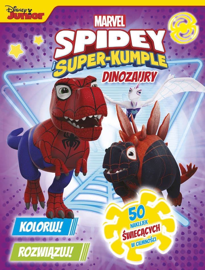 Koloruj! Rozwiązuj! Dinozaury Marvel Spidey i Super-kumple 50 naklejek świecących w ciemności.