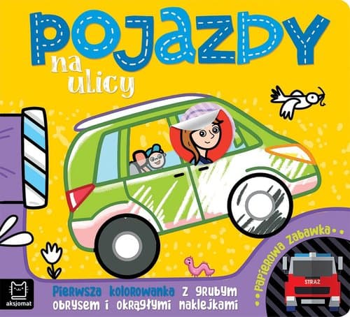 Pojazdy na ulicy Pierwsza kolorowanka z grubym obrysem i okrągłymi naklejkami