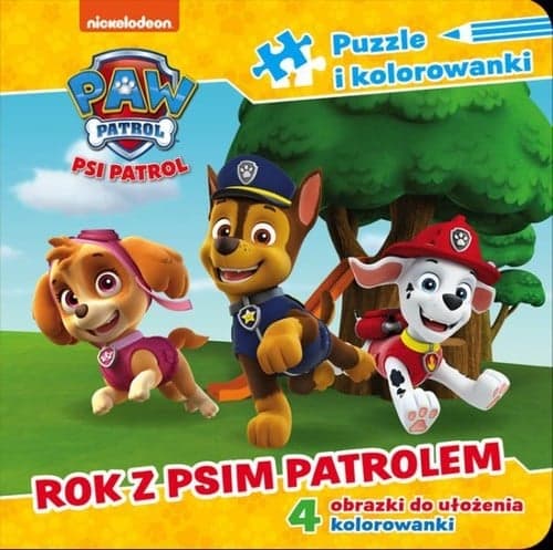 Psi Patrol Puzzle i kolorowanki Rok z Psim Patrolem 4 obrazki do ułożenia, 4 kolorowanki