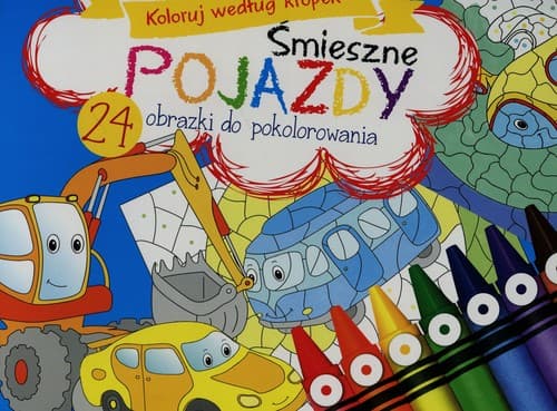 Śmieszne pojazdy Koloruj według kropek 24 obrazki do pokolorowania
