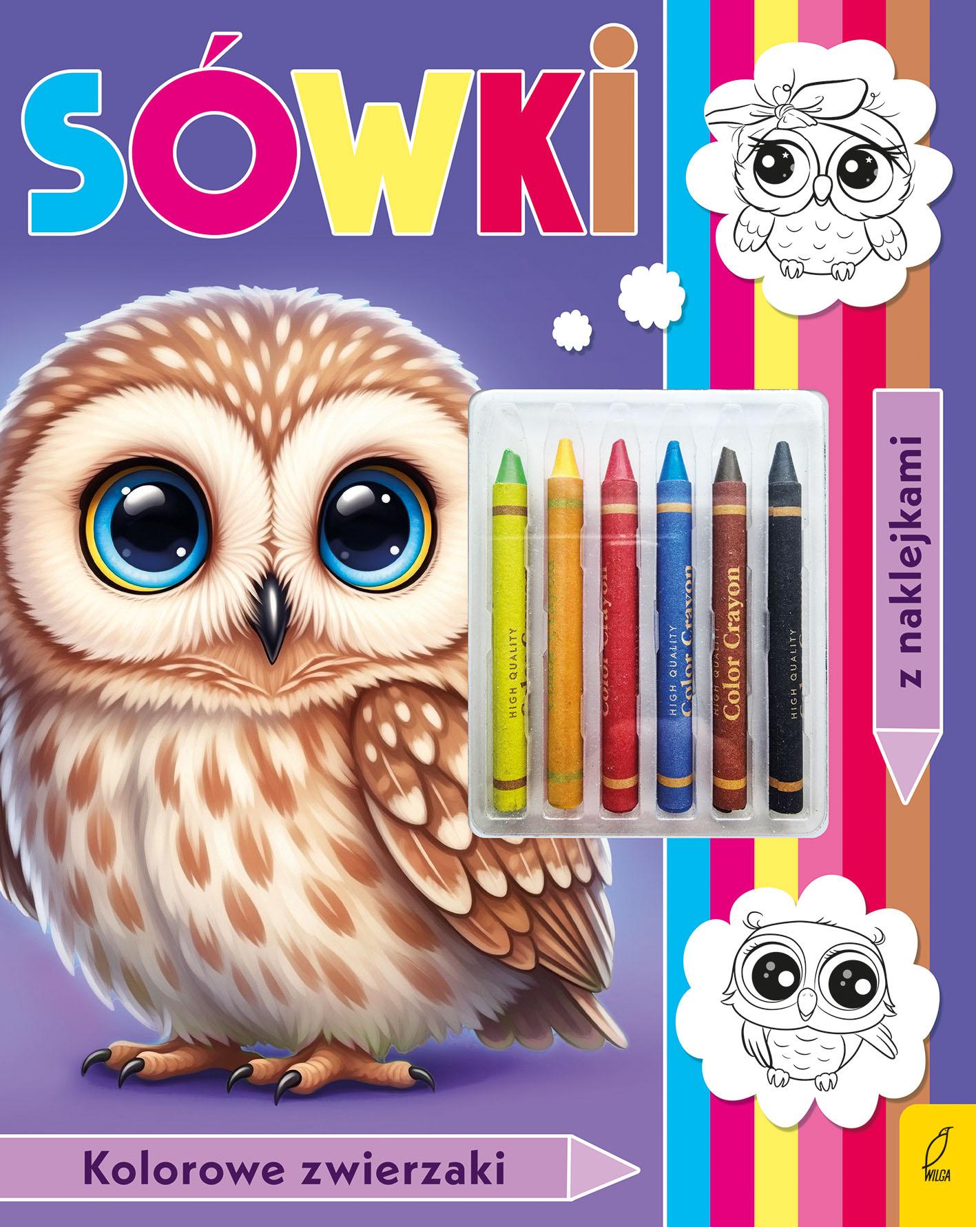 Sówki. Kolorowanka z kredkami