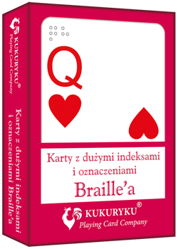 Karty do gry czerwone z dużymi indeksami i znakami Braile:a