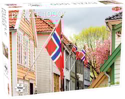 Puzzle 1000 Around the World. Northern Stars Street in Bergen with Norwegian Flags