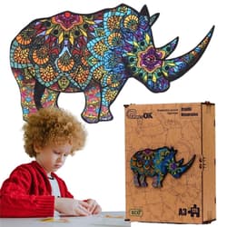 Puzzle drewniane eko 125 Rzadki nosorożec A3