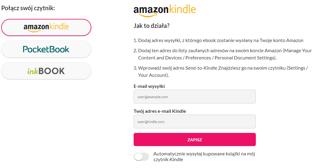 Konfiguracja automatycznej wysyłki na czytnik Kindle