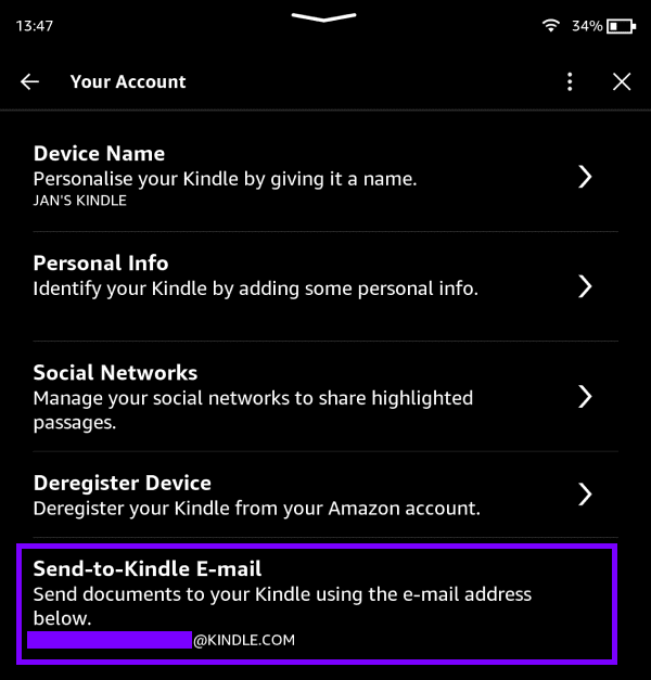 Adres Send-to-Kindle Email w ustawieniach konta Kindle